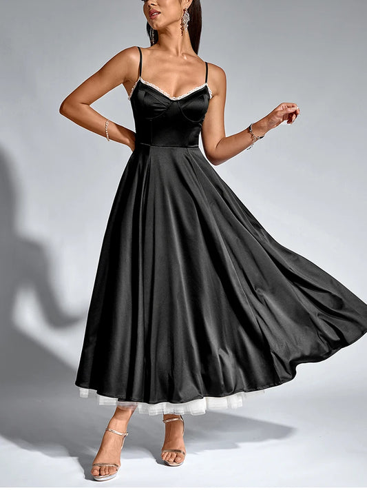 Elegant Dresses - Women's Adjustable Straps V-Neck Lace Slip Long Corset Dress Backless Contrast Elegant Casual Party Midi Dresses Black