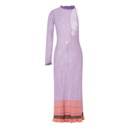 Beach Dresses - Contrast Color Hollow-Out Knit Beach Long Dress 2023 Summer See-Through One-Shoulder Long Sleeve Halter Tie-up Cover-Ups Dress