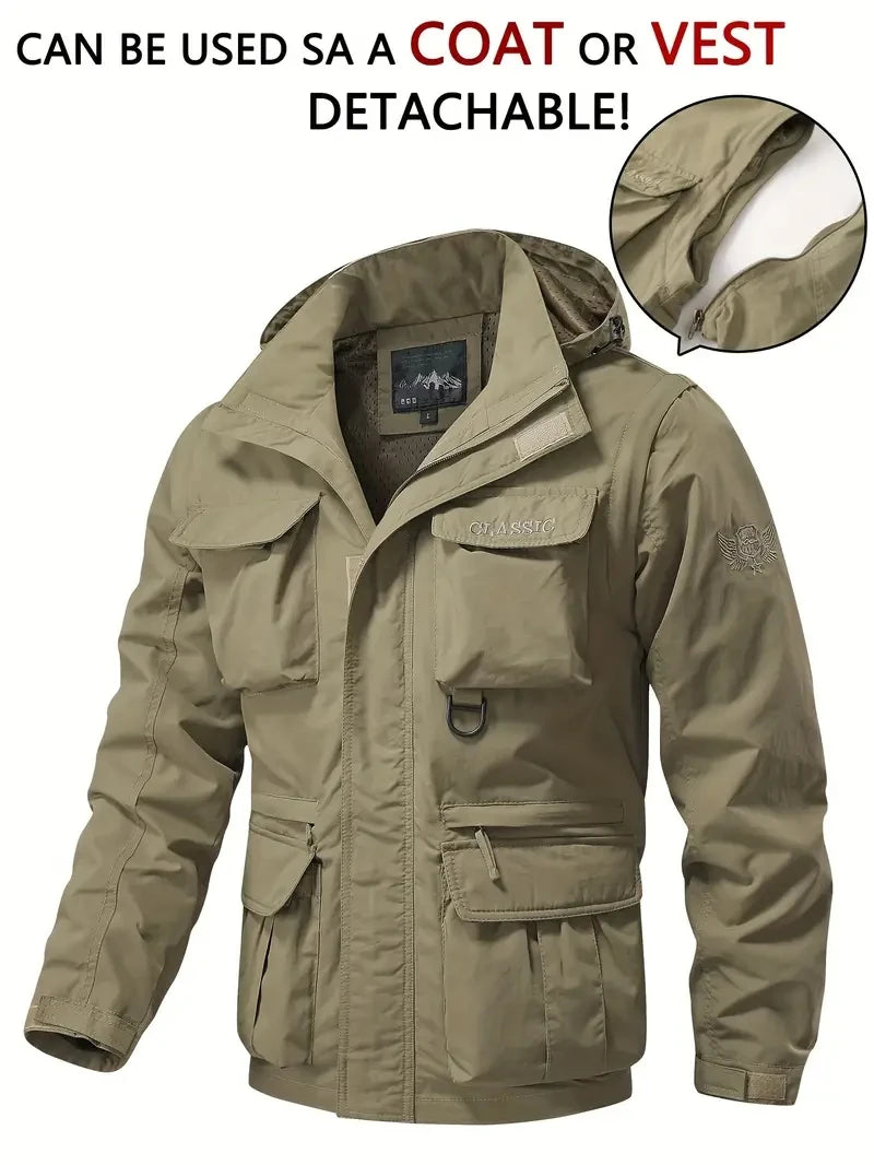 Men Coats - Detachable windproof sleeved hooded jacket suitable for outdoor activities men's casual waterproof multi pocket jacket vest