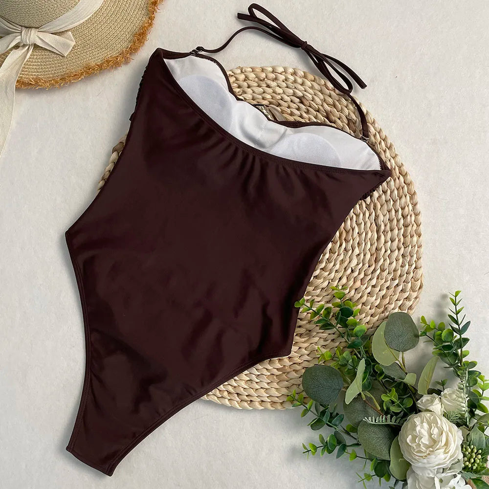 Swimsuits - 2 Colors Sexy Metal Rings Cut Out Women Swimwear One Piece Swimsuit Female Bandeau High Leg Cut Bather Bathing Suit Swim