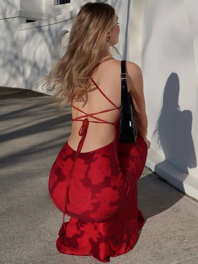 Elegant Dresses - Spaghetti Strap Print Sexy Maxi Dress For Women Gown Summer New Sleeveless Backless High Waist Club Long Dress Elegant