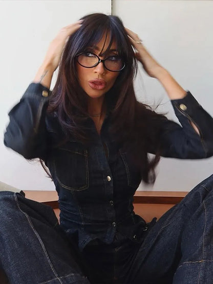 Pants Set - Denim Pants Set Women Lapel Long Sleeve Single Breasted Slim Jacket Zippers Straight Jeans Trousers 2025 Spring Lady Streetwear