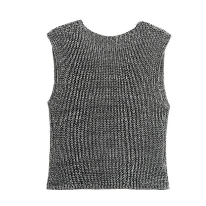 Knit Tops - Female Casual Slim Fit Sleeveless Single Breasted V Neck Crop Top Elegant Knit Vest for Women 2024 Fashion Lady Outwear