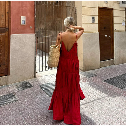  - Elegant Suspender Maxi Dress Women Sexy Summer Pleated Sling Beach Dress Female Backless V-neck Vacation Evening Long Vestidos