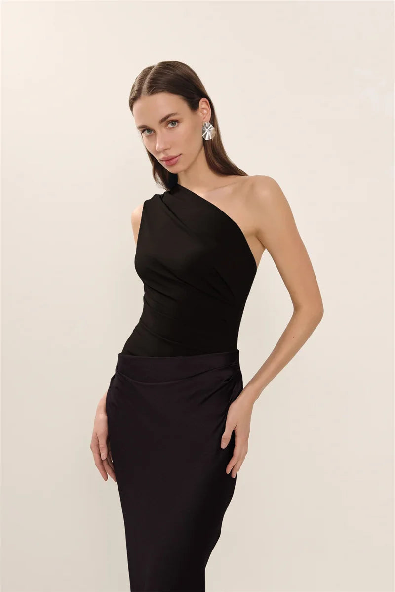 Elegant Dresses - Satin Inclined Shoulder Sexy Maxi Dress Women Fashion Patchwork Sleeveless Backless Bodycon Evening Club Party Dress
