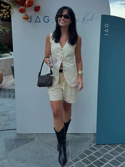 Shorts Sets - Cotton And linen Chic Casual Vest Shorts Set Women's Summer New Fashion Commuter Sleeveless Tank Top Shorts Suits