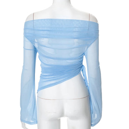 Mesh Tops - Solid Color Long-Sleeve One-Shoulder Sexy Mesh Top See Through Shrunk Pleated Sexy Women T Shirt Casaul Wear Autumn