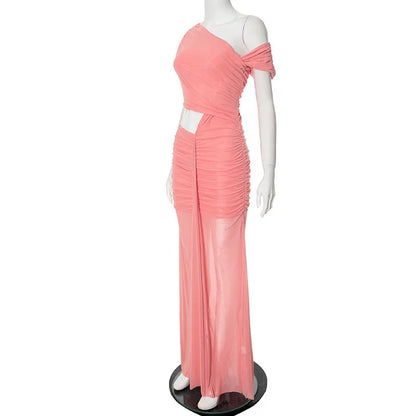 Elegant Dresses - Sexy Sleeveless Hollow Out Pleated Patchwork Maxi Dress For Women High Waist Off-shoulder Slim Club Party Long Dress
