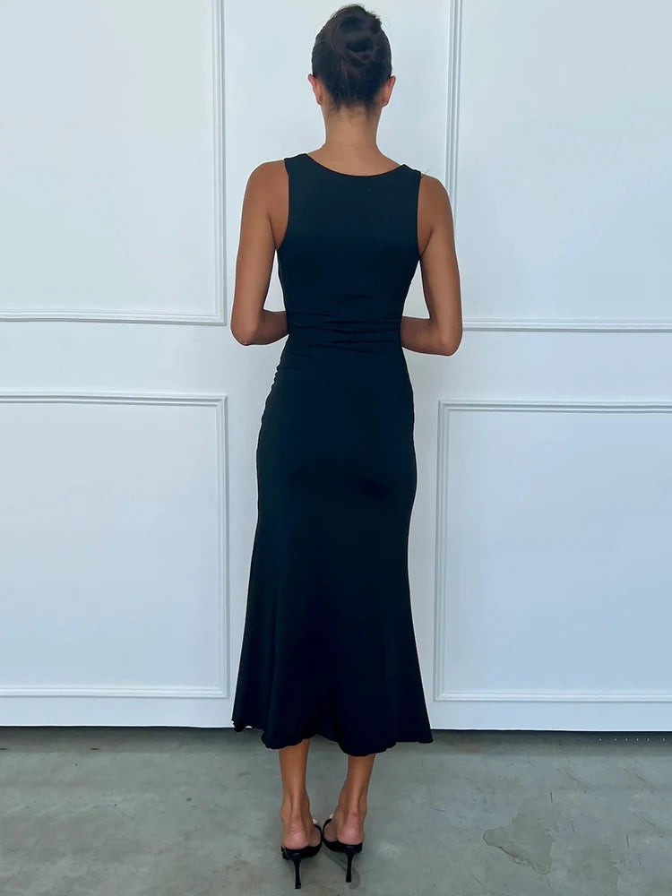 Elegant Dresses - Elegant Deep V Neck Front Gold Clasp Sexy Maxi Dress For Women Black Gown Sleeveless Slim Fit Long Tank Dress Elegant