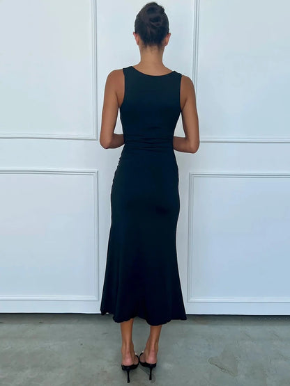 Elegant Dresses - Elegant Deep V Neck Front Gold Clasp Sexy Maxi Dress For Women Black Gown Sleeveless Slim Fit Long Tank Dress Elegant