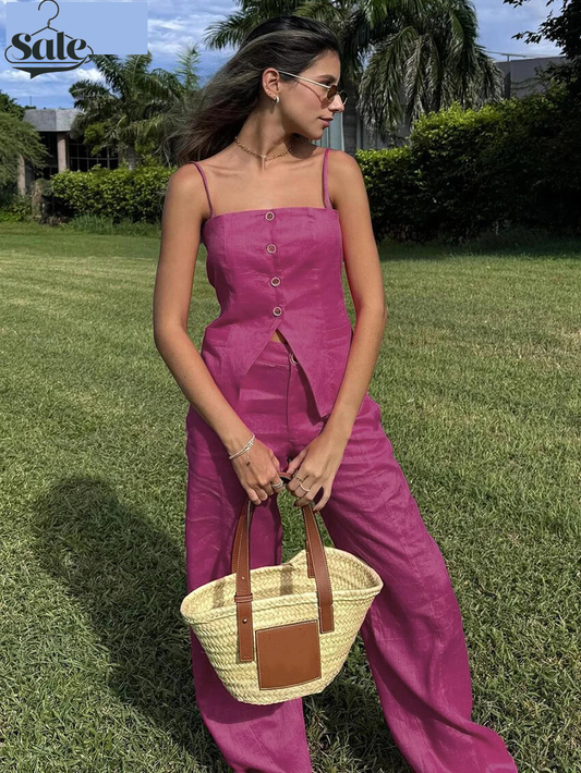 Pants Sets - Summer Loose Pink Cotton Trousers Set 2 Pieces Women 2025 Sexy Sleeveless Tank Top With High Waist Wide Pants Set Female