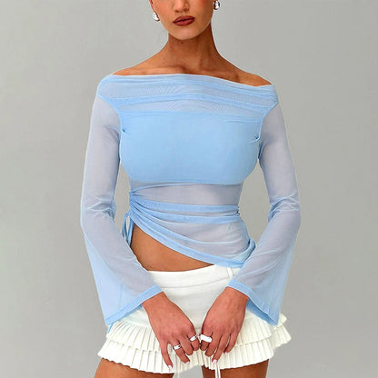 Mesh Tops - Solid Color Long-Sleeve One-Shoulder Sexy Mesh Top See Through Shrunk Pleated Sexy Women T Shirt Casaul Wear Autumn