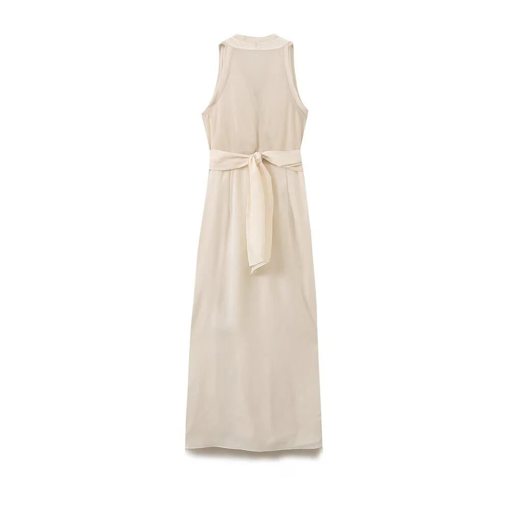 Midi Dresses - Women's V-neck Sleeveless Vest Dress Premium Temperament Slim Lapel Long Dress Sexy Semi-sheer Slit Lingerie Long Dresses