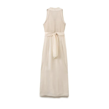 Midi Dresses - Women's V-neck Sleeveless Vest Dress Premium Temperament Slim Lapel Long Dress Sexy Semi-sheer Slit Lingerie Long Dresses