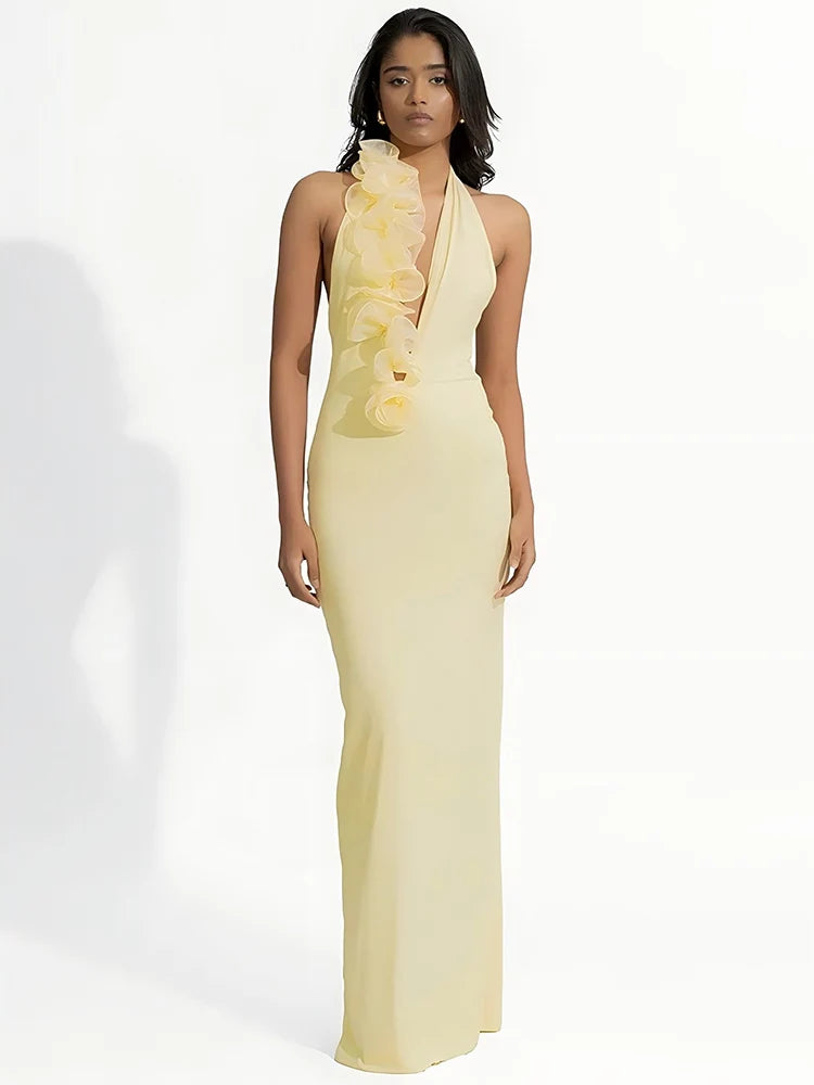 Mozision Mesh Rose Deep V Neck Sexy Maxi Dress For Women Gown Elegant Halter Sleeveless Backless Bodycon Club Party Long Dress