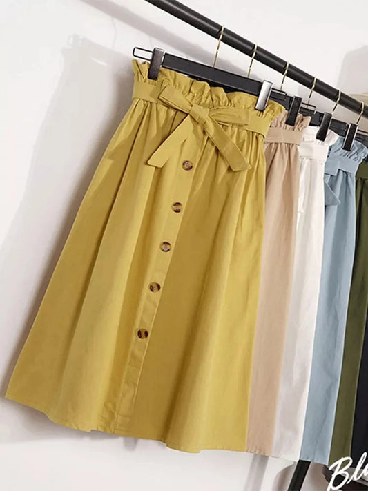 Midi Skirts - Summer Autumn Skirts Womens Midi Knee Length Korean Elegant Button High Waist Skirt Female Pleated School Skirt