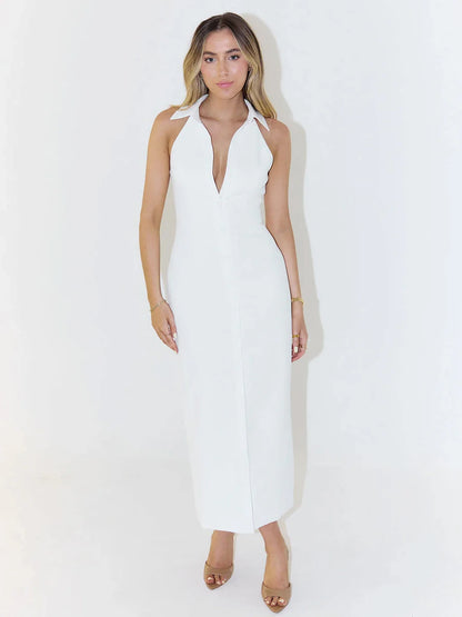 Casual Dresses - Summer Sleeveless Single Breasted Dress Fashionable Ladies Slim Fit Collar Solid Color Long Dresses Women's Clothing
