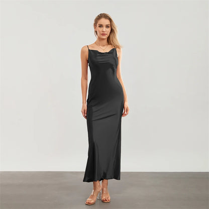 Satin Dresses - Backless Spaghetti Straps Party Long Dresses 2024 New Evening Gown Satin Vestidos Women's Cowl Neck Slip Wrap Dress