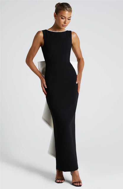 Elegant Dresses - Elegant Pearl Bow Backless Sexy Maxi Dress Women Gown Fashion Sleeveless High Waist A-line Club Party Long Dress