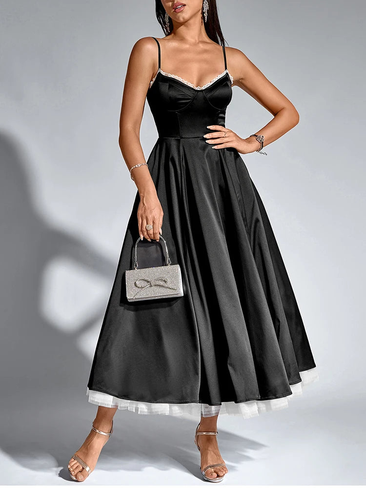 Elegant Dresses - Women's Adjustable Straps V-Neck Lace Slip Long Corset Dress Backless Contrast Elegant Casual Party Midi Dresses Black