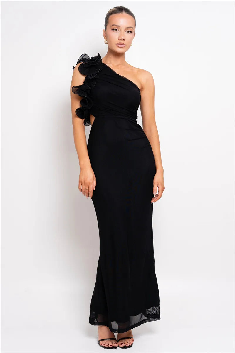 Elegant Dresses - Shoulder Floral Mesh Ruched Sexy Maxi Dress For Women Gown Oblique Shoulder Sleeveless Backless Bodycon Long Dress