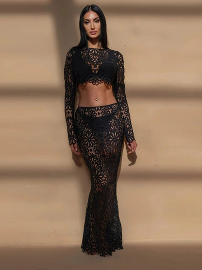 Matching Sets - Elegant See Through Crochet Top Women Set Hallow Out Flare Long Sleeve Top Slim Empire Hip Package Skirts 2025 Summer Lady Set