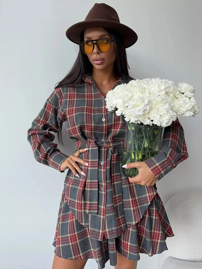 Fashion Loose Plaid 2 Piece Sets Women Outfit 2025 Elegant Long Sleeve Shirt With High Waist Mini Skirt Set Female