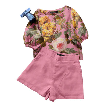 Shorts Outfit Set - Summer Short Sets Women Outfits 2PCS Elegant Short Sleeve Floral Blouse Pant Suit Fashion Tracksuit Matching Sets