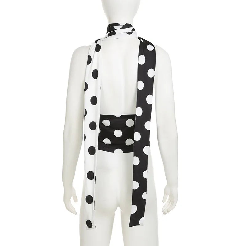 Sleeveless Blouses - Contrast Polka Dot Cross Scarf Vest Sexy Hot Girl Two Wears Short Top V Neck Slim Fashion Club Party Tank 2025 New Summer
