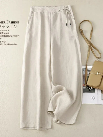 Pants - Summer Wide Leg Pants Women Elastic High Waist Cotton and Linen Casual Pants Loose Straight Yellow Women's Pants