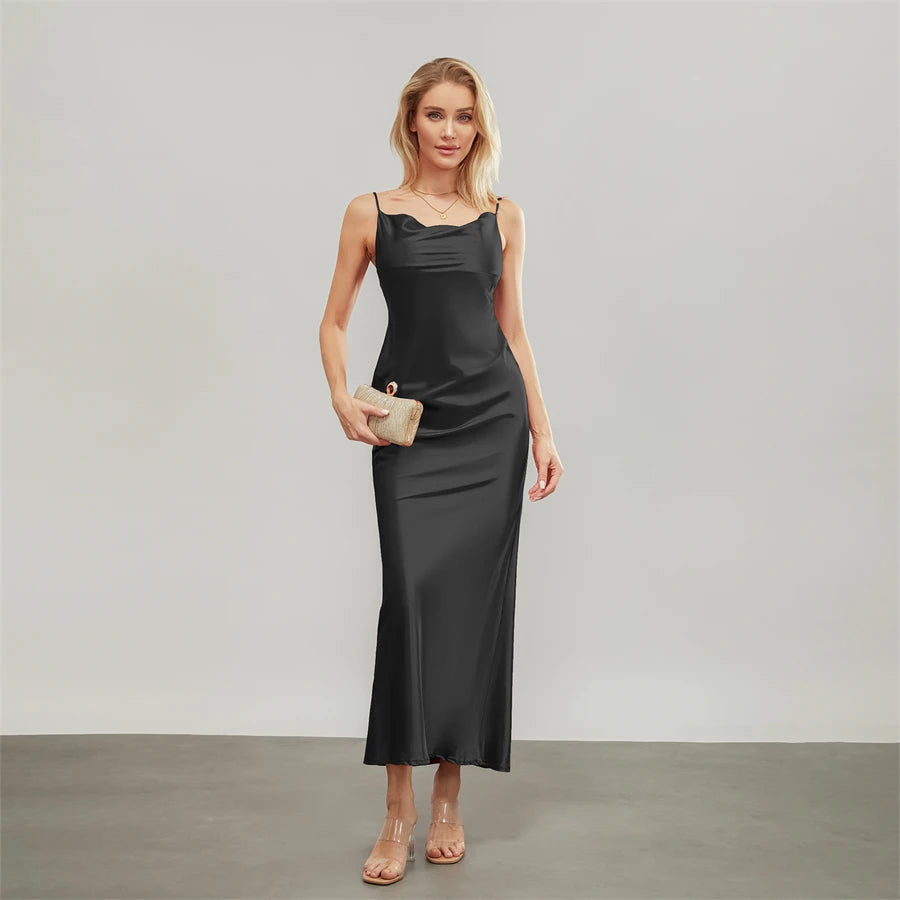 Satin Dresses - Backless Spaghetti Straps Party Long Dresses 2024 New Evening Gown Satin Vestidos Women's Cowl Neck Slip Wrap Dress