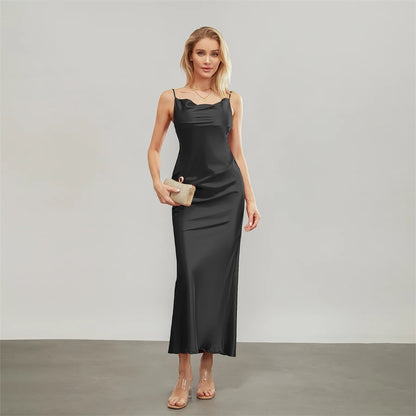 Satin Dresses - Backless Spaghetti Straps Party Long Dresses 2024 New Evening Gown Satin Vestidos Women's Cowl Neck Slip Wrap Dress