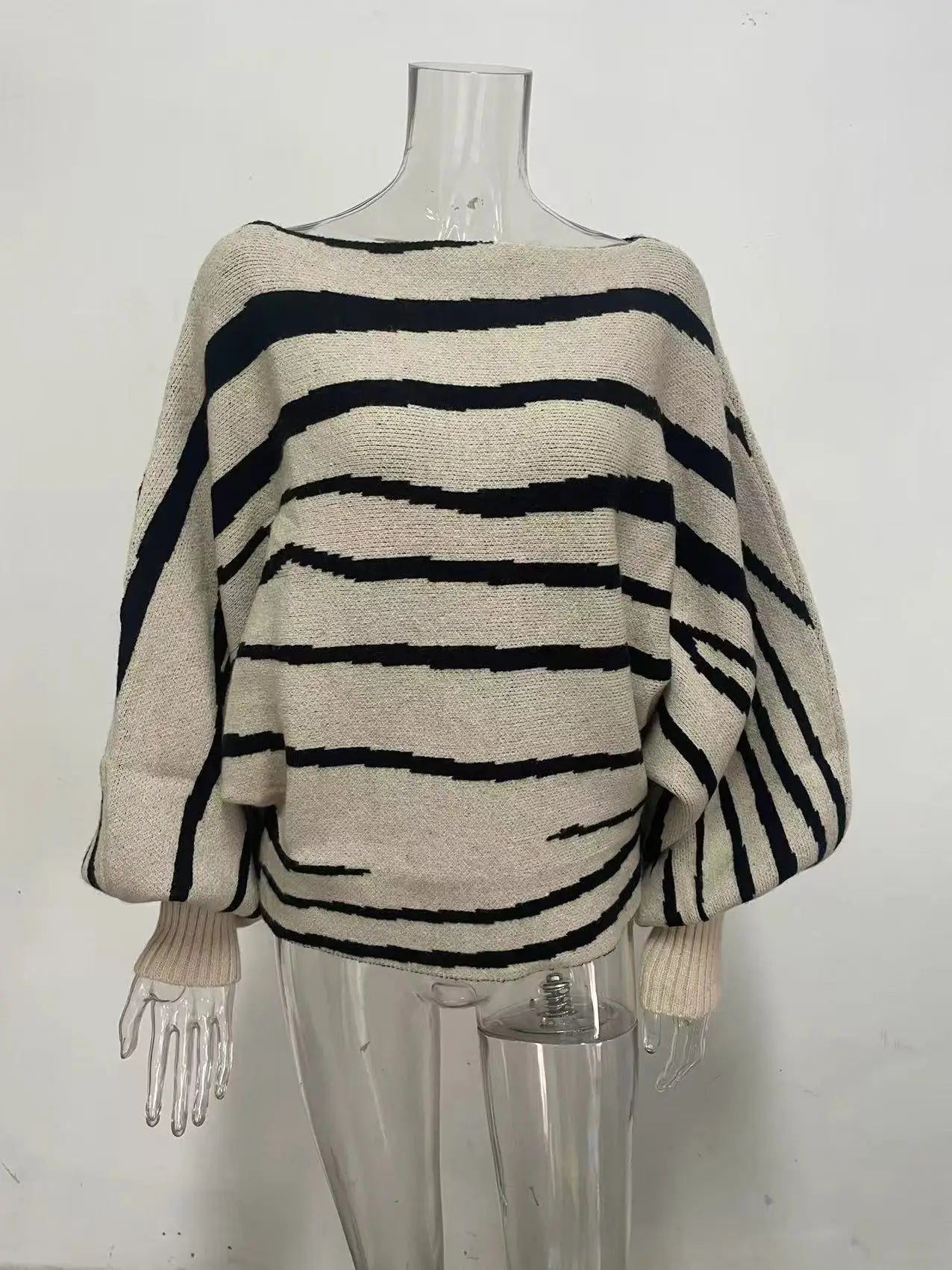 Knit Sweaters - Fall Winter 2025 Women Sweater Loose Style Slash Collar Batwing Sleeve Zebra Color Block Pullover Jumper Knitwear Jacket 59904
