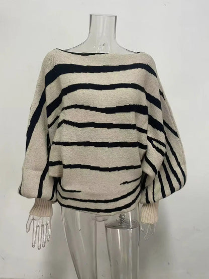 Knit Sweaters - Fall Winter 2025 Women Sweater Loose Style Slash Collar Batwing Sleeve Zebra Color Block Pullover Jumper Knitwear Jacket 59904