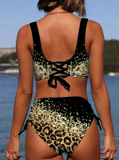 Swimwear - 2024 Drawstring V Neck High Waist Bikini Women Printed Swimwear Female Swimsuit Bathers Bathing Swimming Suit Beachwear Summer