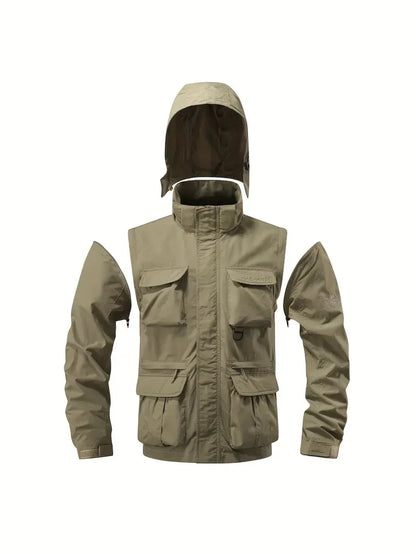 Men Coats - Detachable windproof sleeved hooded jacket suitable for outdoor activities men's casual waterproof multi pocket jacket vest