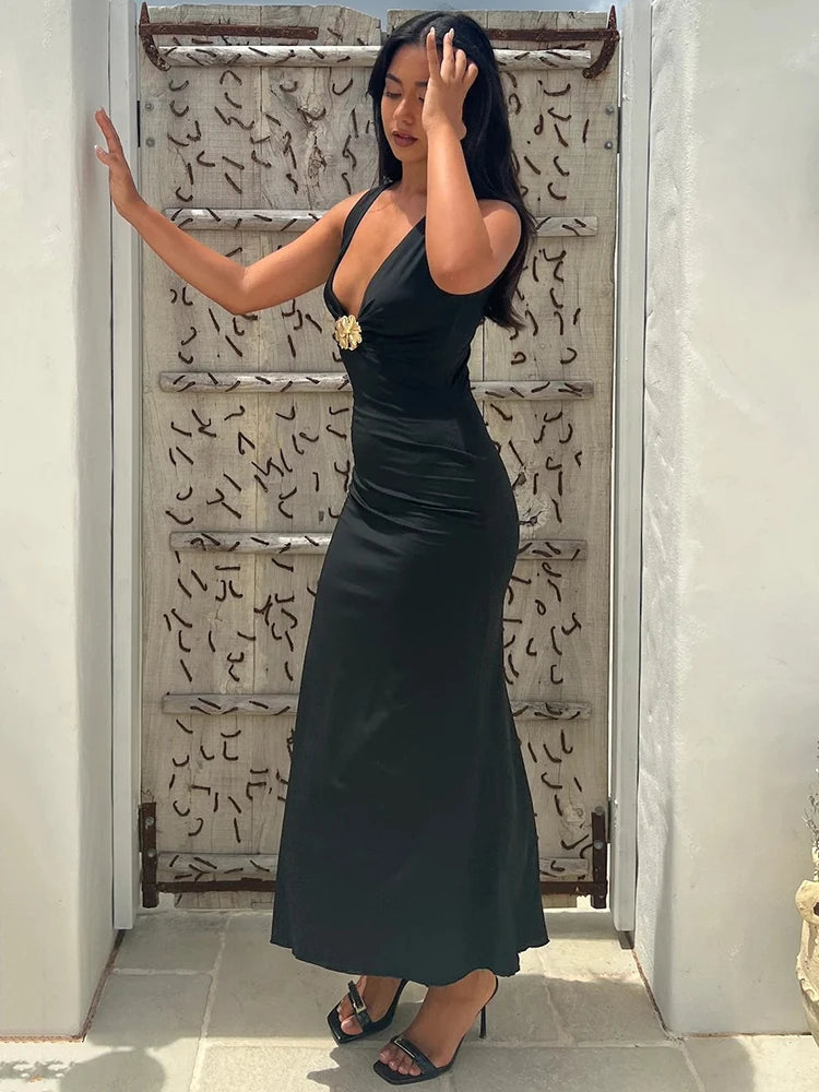 Elegant Dresses - Elegant Deep V Neck Front Gold Clasp Sexy Maxi Dress For Women Black Gown Sleeveless Slim Fit Long Tank Dress Elegant