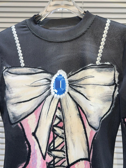 Casual Tees - Spring New Items T-shirt For Women colorful print Bow Mesh Long Sleeve Stretch Fashion Trendy Tops Female 11XX8251
