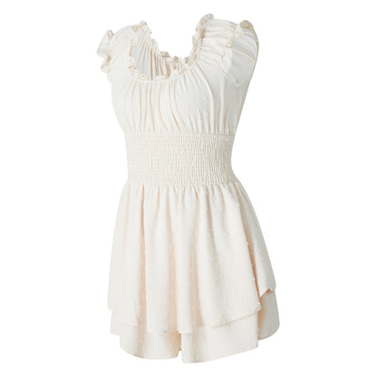 Playsuits - Boho Summer Off-Shoulder Ruffle Hem Playsuit Women Beach Streetwear Solid Color Short Sleeve High Waist Short Rompers