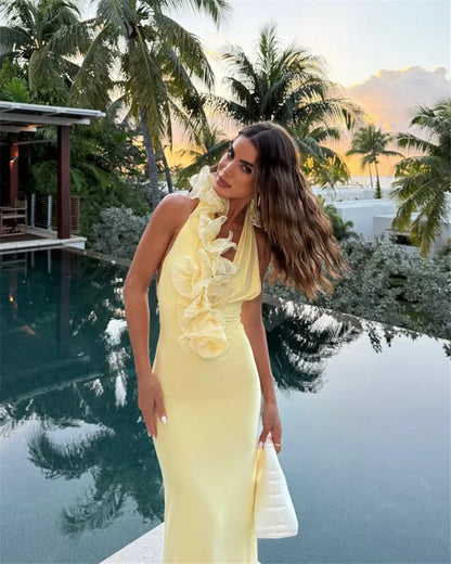 Mozision Mesh Rose Deep V Neck Sexy Maxi Dress For Women Gown Elegant Halter Sleeveless Backless Bodycon Club Party Long Dress