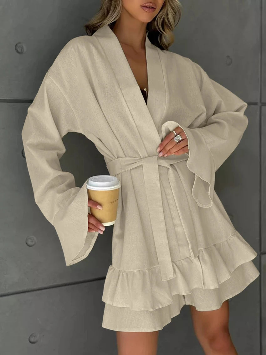 Matching Sets - Casual Female Pajama Suit Long Sleeve Sleepwear Sexy V-Neck Nightie Lace Up Pyjamas Shorts Cotton Women Nightgown Set