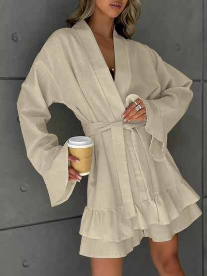Matching Sets - Casual Female Pajama Suit Long Sleeve Sleepwear Sexy V-Neck Nightie Lace Up Pyjamas Shorts Cotton Women Nightgown Set