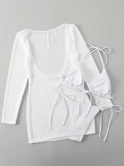 Swimwear - 2025 Halter String Bikini Set Triangle 3 Pieces Swimsuit Solid Sexy Swimwear Female Bathers Bathing Swimming Swim Suit