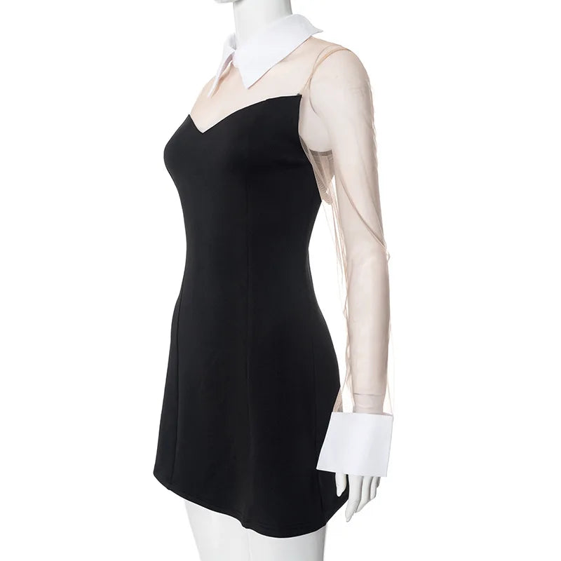 Shirt Dresses - Pullover Women Sexy Mesh See Through Turn Down Collar Night Club Dress Evening Party Summer Short Elegant Fashion Dress