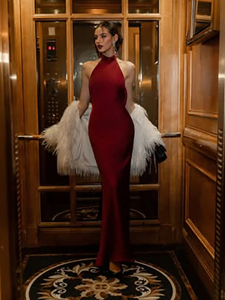 Elegant Dresses - Halter Dress Women Smooth Backless Satin Silky Summer Trend Birthday Banquet Party Elegant Sleeveless Skinny Maxi Bodycon