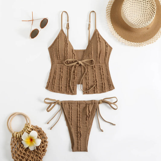 Bikinis - Sexy Brown Bikini 2025 Two Pieces Swimsuit Female Swimwear Women Thong Bikinis Set Sweet Tie Crop Top Beach Wear Bathing Suit