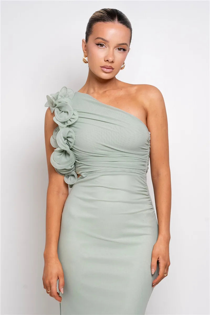 Elegant Dresses - Shoulder Floral Mesh Ruched Sexy Maxi Dress For Women Gown Oblique Shoulder Sleeveless Backless Bodycon Long Dress