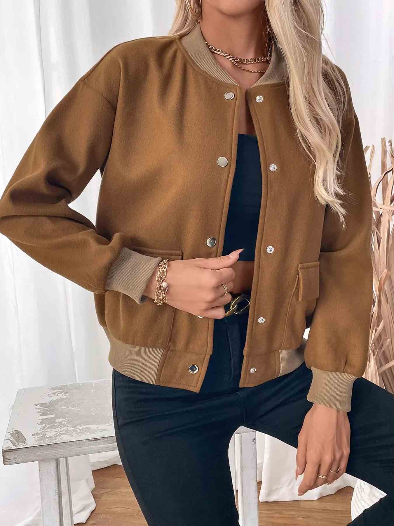 Jackets - Women's Fleece Bomber Jacket with Contrast Pocket