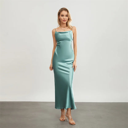Satin Dresses - Backless Spaghetti Straps Party Long Dresses 2024 New Evening Gown Satin Vestidos Women's Cowl Neck Slip Wrap Dress