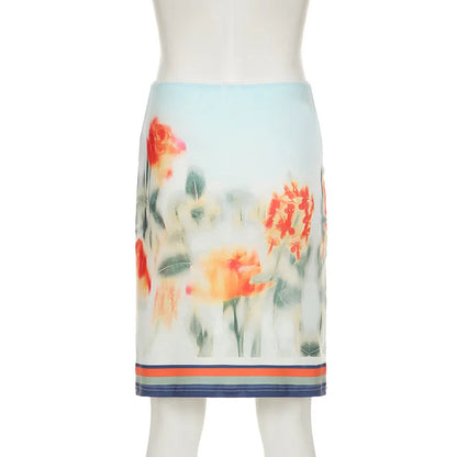 Skirt Sets - Print Floral Two Piece Sets Women Skirt Suit Spaghetti Strap Top Mini Skirt Sets Spring Slim Elegant Party Beachwear